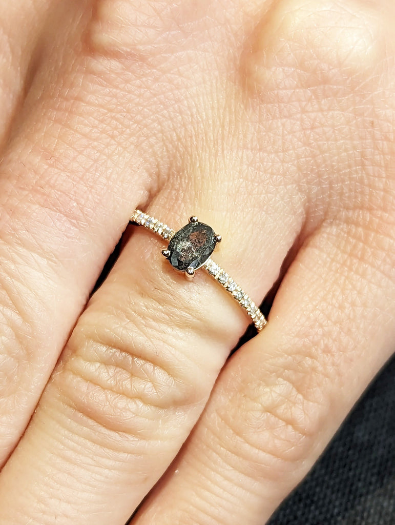 1920's Raw Salt and Pepper Diamond, Oval Diamond Ring, Unique Engagement Bridal Set, Black, Gray Oval, 14k Yellow, Rose, Black or White Gold