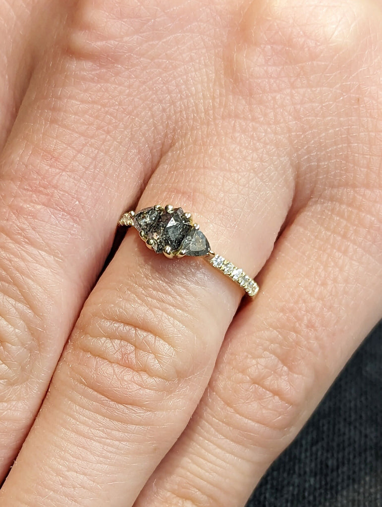 Raw Diamond Hexagon Triangle Diamond, Salt and Pepper, Unique Engagement Ring, Rose Cut Geometric Diamond Ring, 14k Gold, Custom Handmade