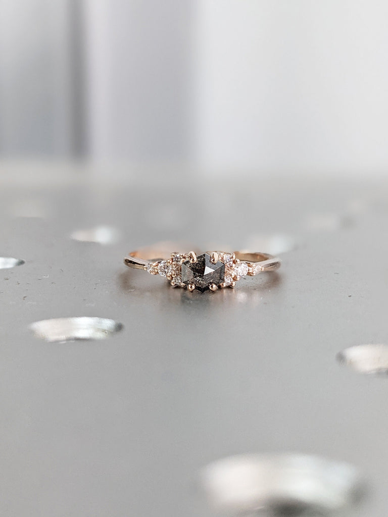 Hexagon Salt and Pepper Diamond Wedding Ring, Unique Diamond Wedding Band, Wedding Engagement Ring, Minimalist Diamond Ring