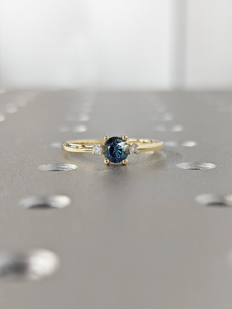 Dainty Blue Green Sapphire Ring with Diamond , Teal Sapphire Engagement Ring , Alternative Engagement Ring , Diamond Ring , Solid Gold Ring