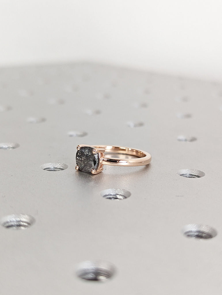 1920's Raw Salt and Pepper Diamond, Rose Cut Cushion Diamond Ring, Unique Engagement, Black, Gray Pear, 14k Yellow, Rose, or White Gold