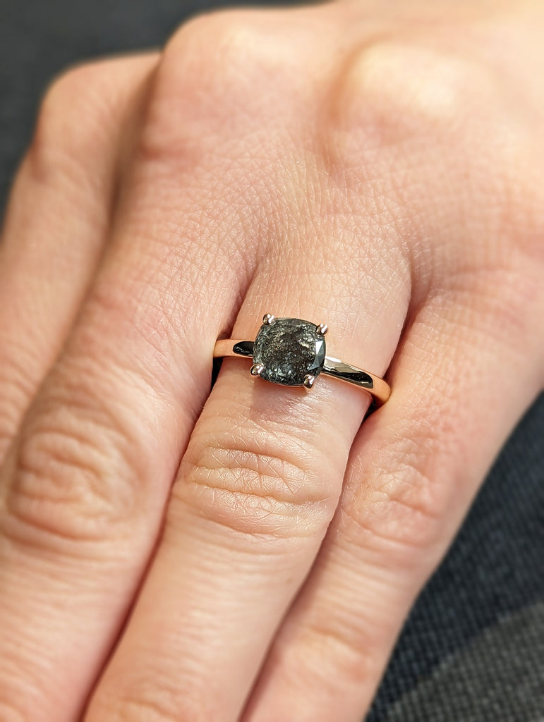 1920's Raw Salt and Pepper Diamond, Rose Cut Cushion Diamond Ring, Unique Engagement, Black, Gray Pear, 14k Yellow, Rose, or White Gold