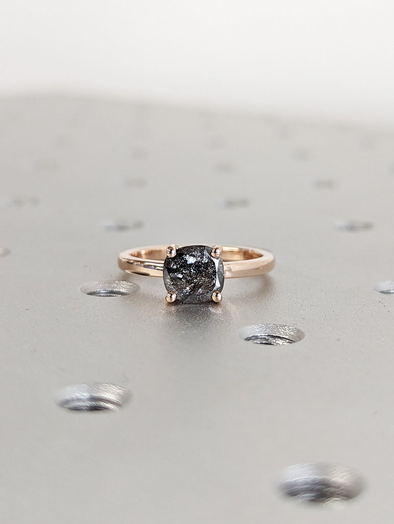 1920's Raw Salt and Pepper Diamond, Rose Cut Cushion Diamond Ring, Unique Engagement, Black, Gray Pear, 14k Yellow, Rose, or White Gold