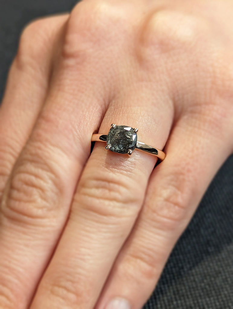 1920's Raw Salt and Pepper Diamond, Rose Cut Cushion Diamond Ring, Unique Engagement, Black, Gray Pear, 14k Yellow, Rose, or White Gold