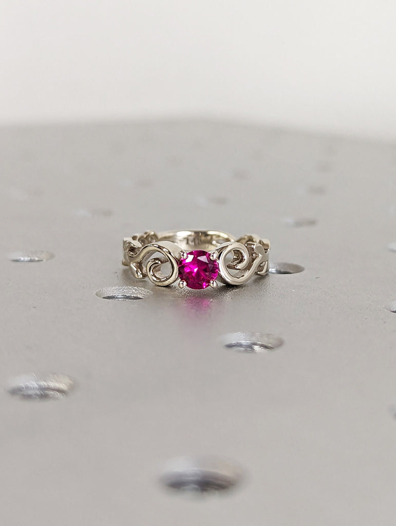 Vintage Ruby engagement ring leaf flower ring alternative ring solid white gold ring art deco promise ring prong set unique anniversary ring