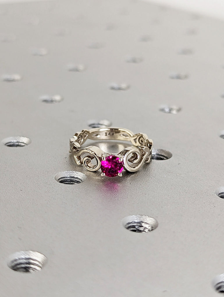 Vintage Ruby engagement ring leaf flower ring alternative ring solid white gold ring art deco promise ring prong set unique anniversary ring