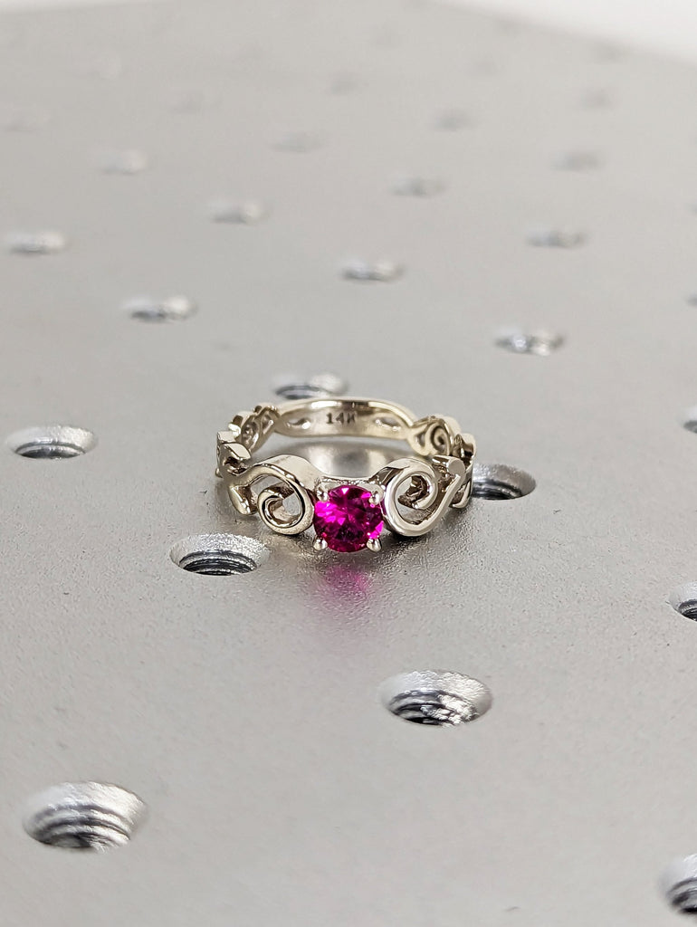 Vintage Ruby engagement ring leaf flower ring alternative ring solid white gold ring art deco promise ring prong set unique anniversary ring