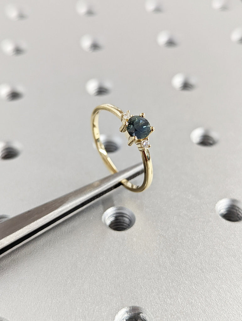 Dainty Blue Green Sapphire Ring with Diamond , Teal Sapphire Engagement Ring , Alternative Engagement Ring , Diamond Ring , Solid Gold Ring