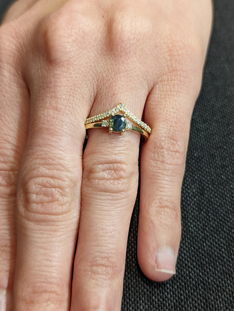 Dainty Blue Green Sapphire Ring with Diamond , Teal Sapphire Engagement Ring , Alternative Engagement Ring , Diamond Ring , Solid Gold Ring