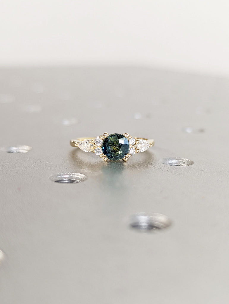 Vintage blue-green sapphire engagement ring round cut yellow gold anniversary ring pear cut moissanite diamond promise ring | bridal ring