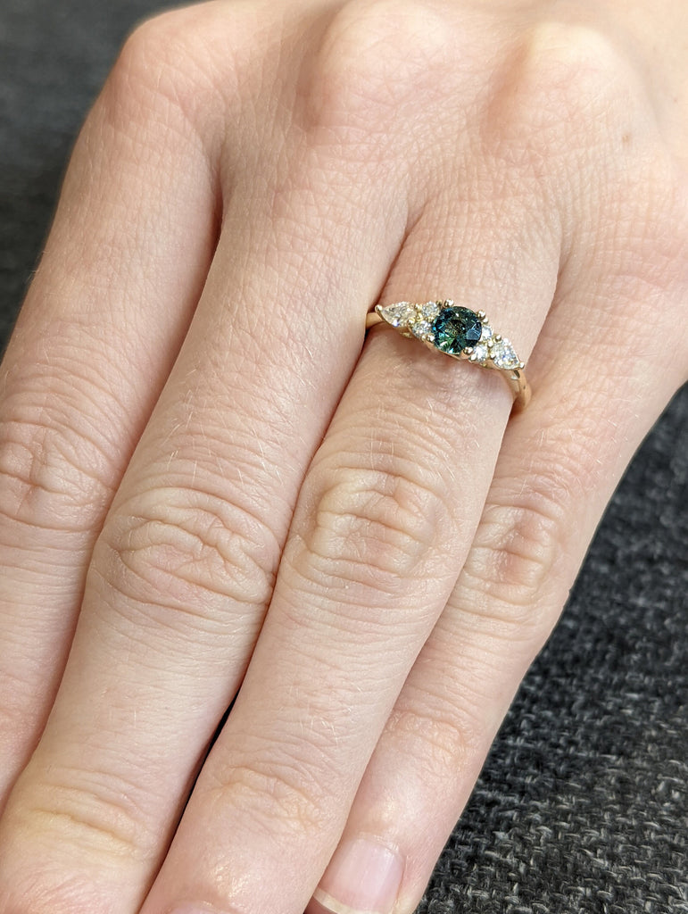 Vintage blue-green sapphire engagement ring round cut yellow gold anniversary ring pear cut moissanite diamond promise ring | bridal ring