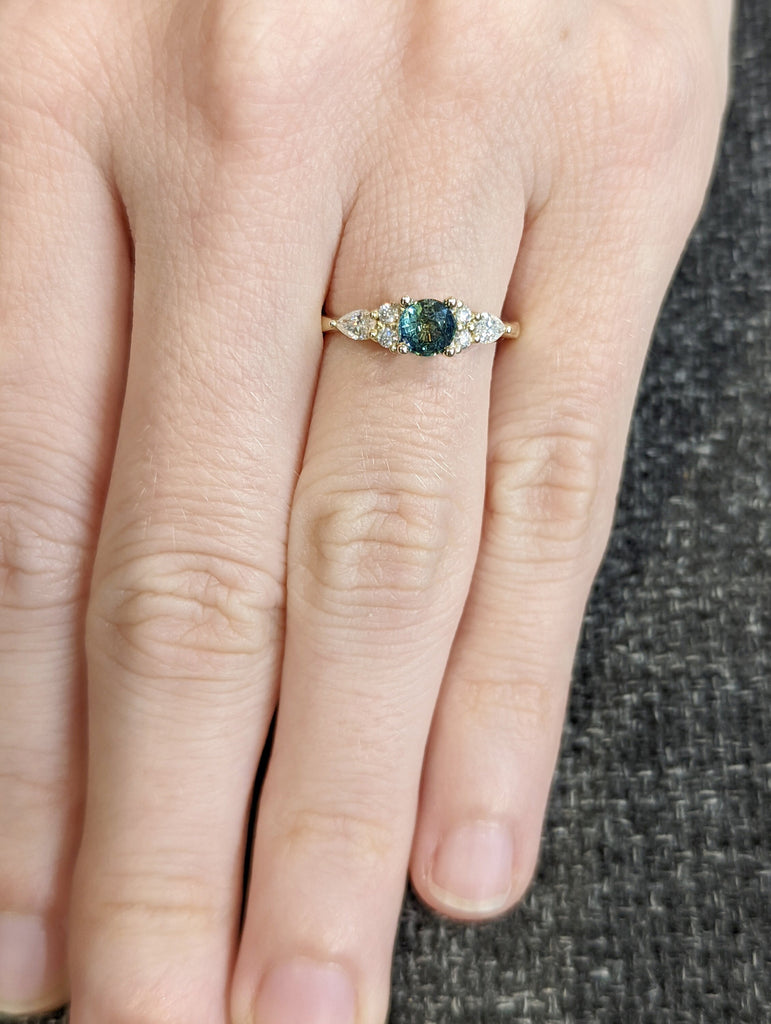 Vintage blue-green sapphire engagement ring round cut yellow gold anniversary ring pear cut moissanite diamond promise ring | bridal ring