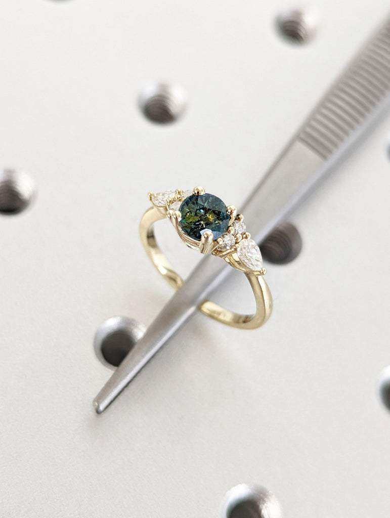 Vintage blue-green sapphire engagement ring round cut yellow gold anniversary ring pear cut moissanite diamond promise ring | bridal ring