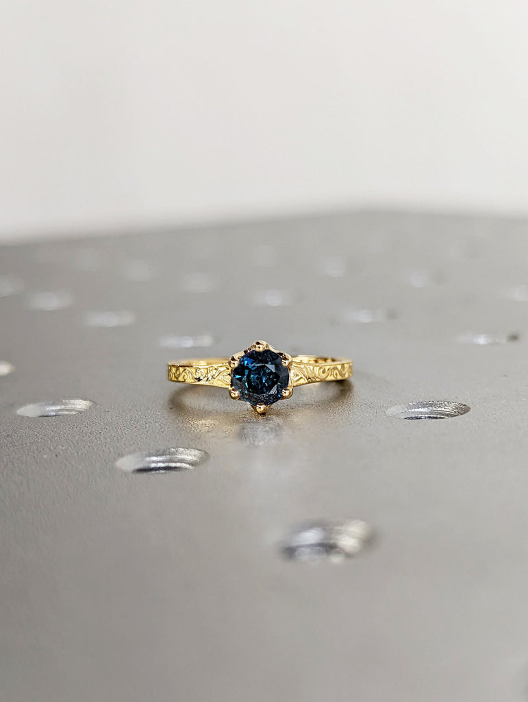 Vintage blue-green sapphire engagement ring Round cut yellow gold anniversary ring promise ring | Teal Sapphire engagement bridal ring