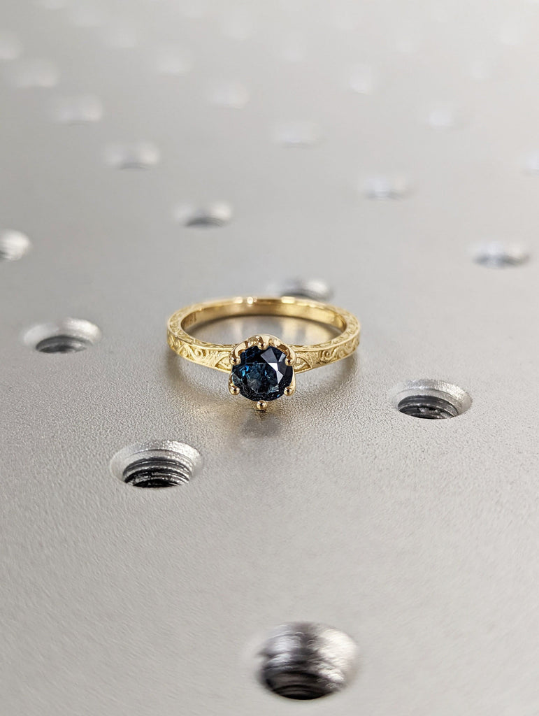 Vintage blue-green sapphire engagement ring Round cut yellow gold anniversary ring promise ring | Teal Sapphire engagement bridal ring