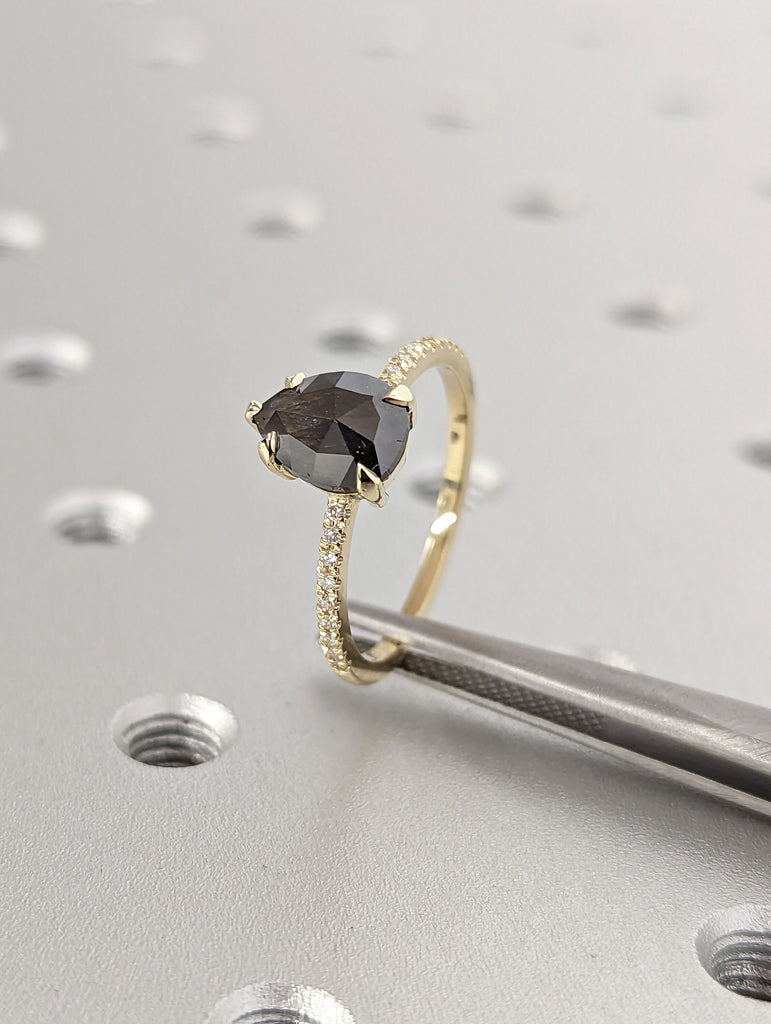 1.5 Carat 1920's Raw Salt and Pepper Diamond, Pear Diamond Ring, Unique Engagement Bridal , Black, Gray Pear 14k Yellow, Rose White Gold