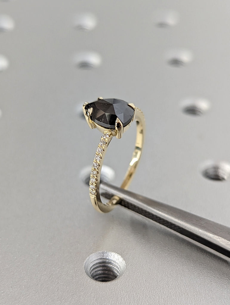 1.5 Carat 1920's Raw Salt and Pepper Diamond, Pear Diamond Ring, Unique Engagement Bridal , Black, Gray Pear 14k Yellow, Rose White Gold