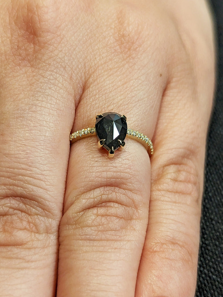 1.5 Carat 1920's Raw Salt and Pepper Diamond, Pear Diamond Ring, Unique Engagement Bridal , Black, Gray Pear 14k Yellow, Rose White Gold