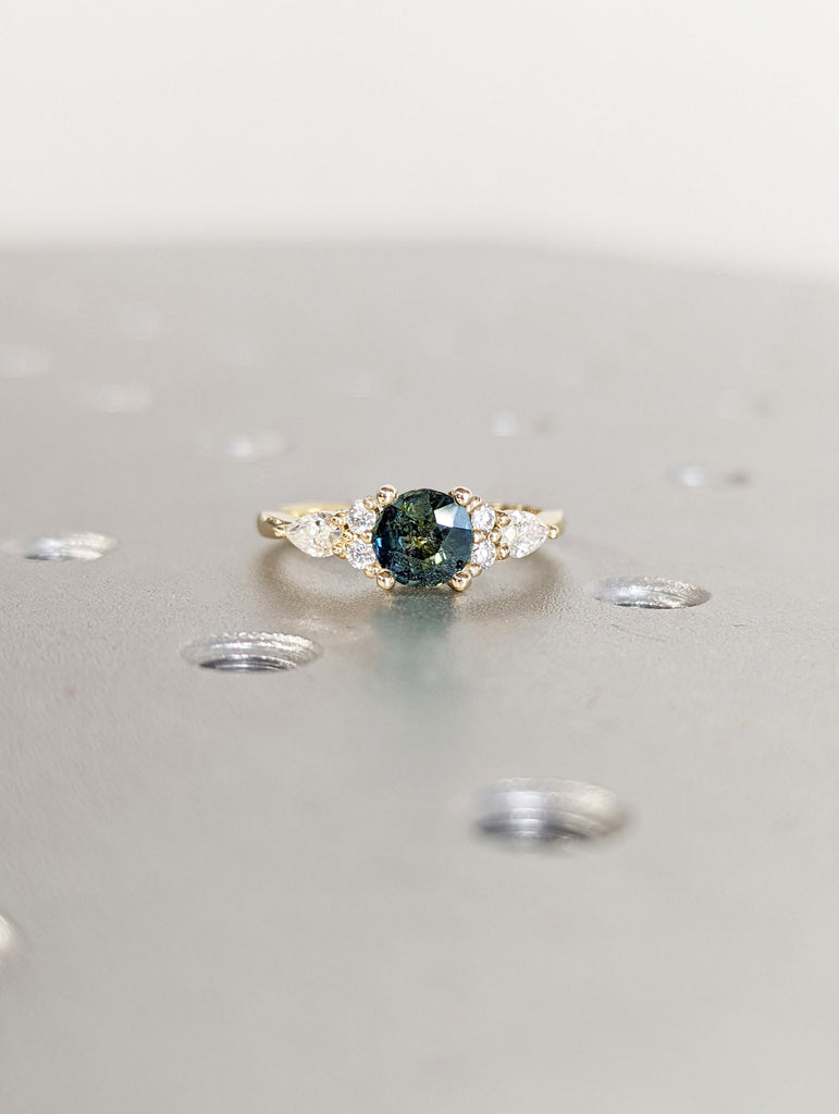 Vintage blue-green sapphire engagement ring round cut yellow gold anniversary ring pear cut moissanite diamond promise ring | bridal ring