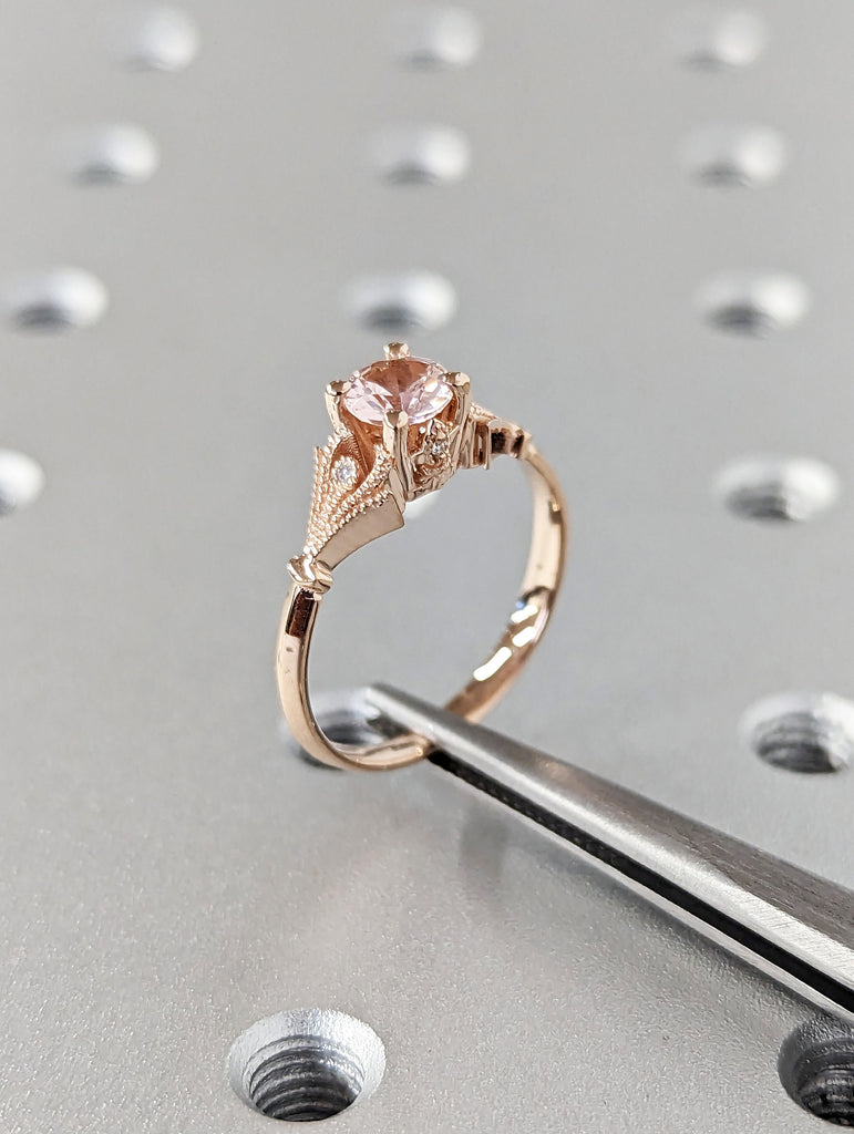 Vintage Engagement Ring Pink Morganite 14k Rose Gold, Unique Engagement Ring For Women, Art Deco Ring, Simple Promise Ring, Anniversary Ring