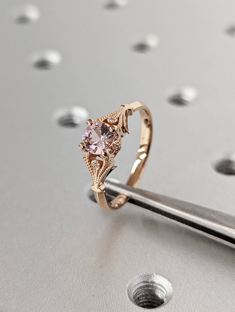 Vintage Engagement Ring Pink Morganite 14k Rose Gold, Unique Engagement Ring For Women, Art Deco Ring, Simple Promise Ring, Anniversary Ring