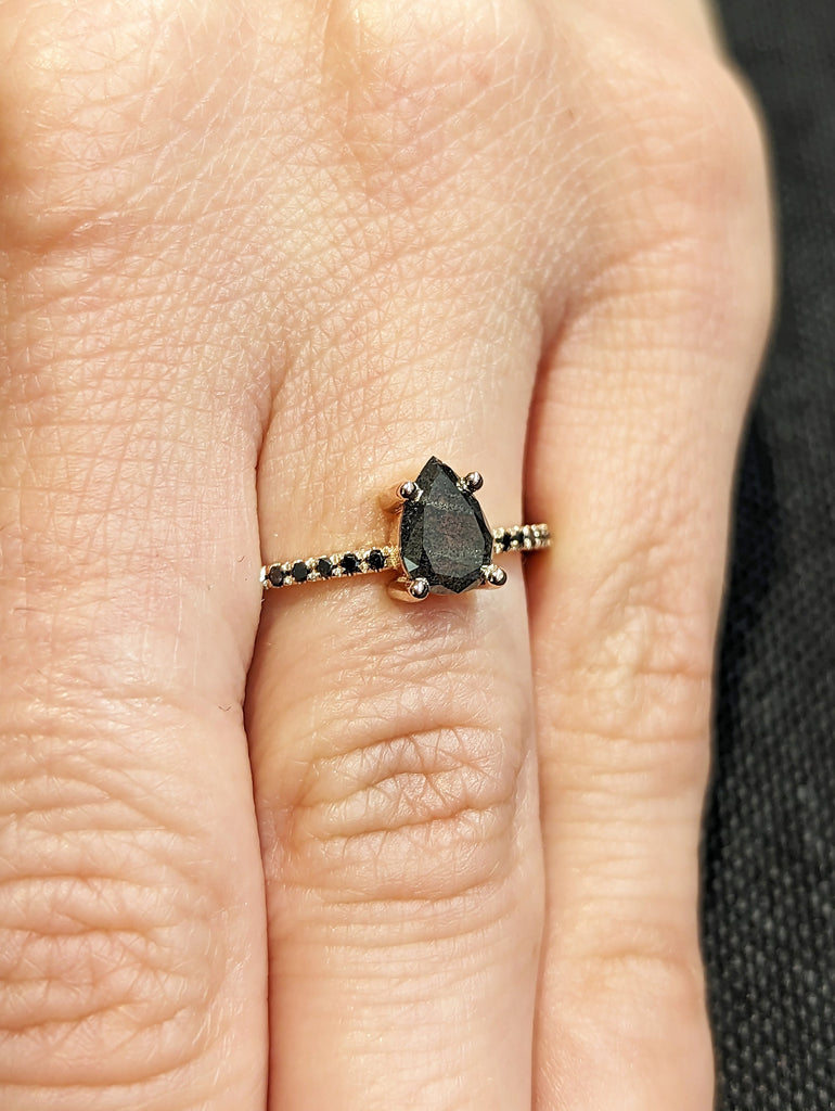 1920's Raw Salt and Pepper Diamond, Pear Diamond Ring, Unique Engagement Bridal Set, Black, Gray Pear, 14k Yellow, Rose, Black or White Gold