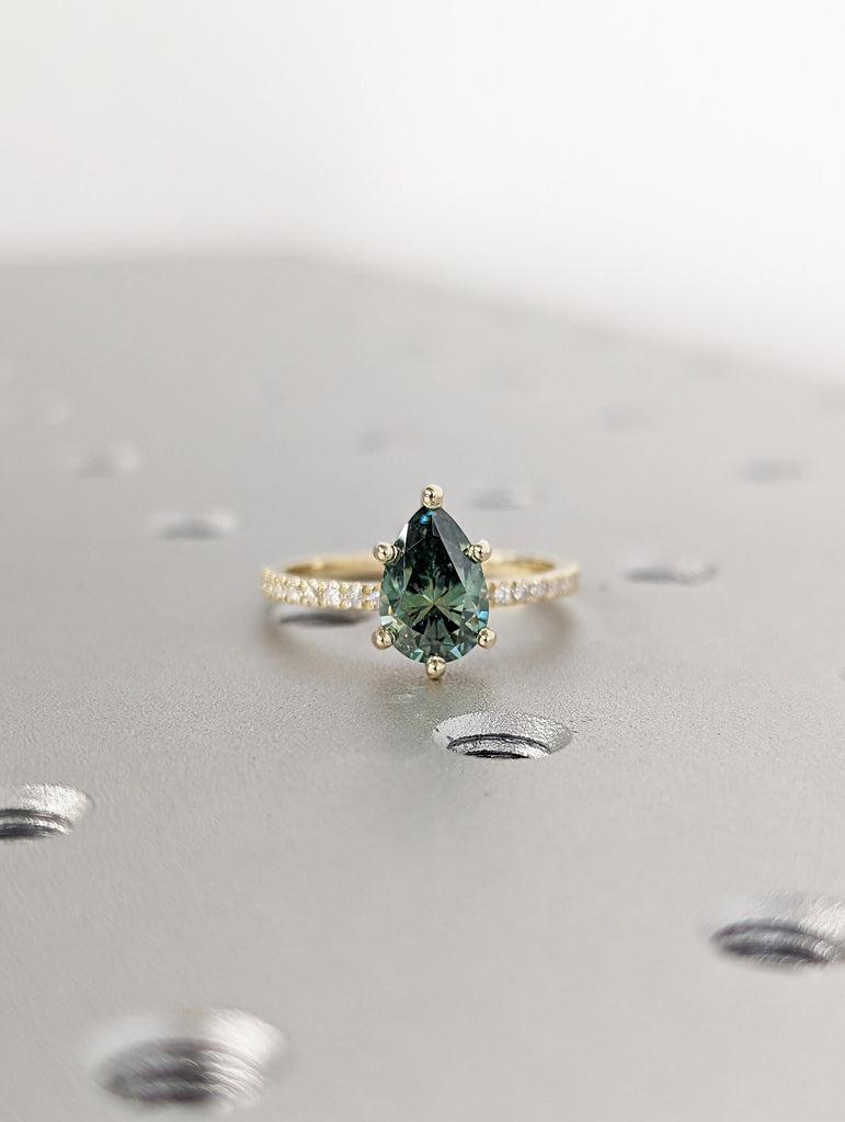 Colored Moissanite Engagement, Green Moissanite Ring, Vintage blue-green pear engagement ring, Green Color Moissanite hidden halo ring