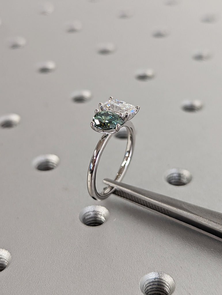 1 Carat Double Stone Engagement Ring Green Pear Cut and Radiant Cut Moissanite Two Stone Wedding Ring 14K White Yellow Rose Gold