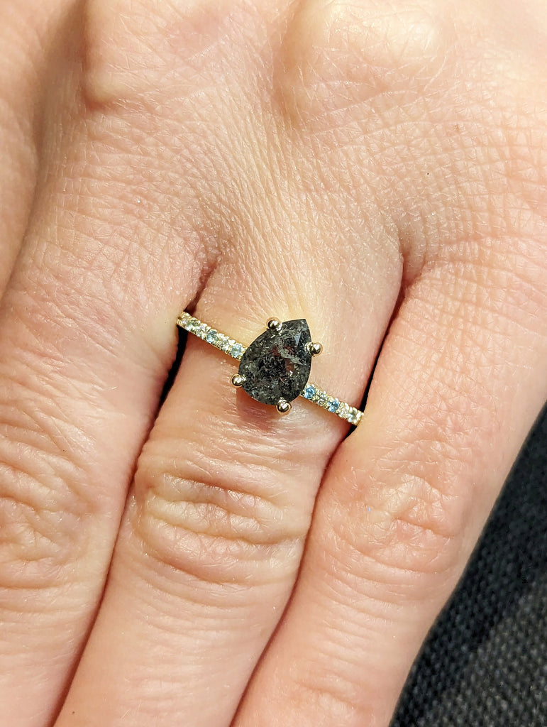 1.25ct 1920's Raw Salt and Pepper Diamond, Pear Diamond Ring, Unique Engagement Ring, 14k 18k Yellow, Rose, Black or White Gold, Aquamarine