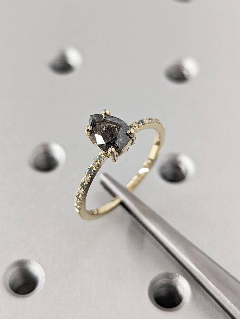 1.25ct 1920's Raw Salt and Pepper Diamond, Pear Diamond Ring, Unique Engagement Ring, 14k 18k Yellow, Rose, Black or White Gold, Aquamarine