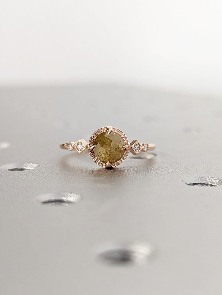 Engagement Ring Champagne Diamond 14k Gold Ring Yellow Diamond Unique Engagement Ring with Round Cut Diamond Vintage Engagement Ring for her