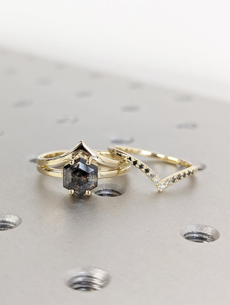 Raw Diamond, Salt and Pepper, Hexagon, Unique Engagement Ring, Rose Cut Geometric Diamond Ring, 14k Gold, Custom Handmade, Bridal Set, 2 pcs