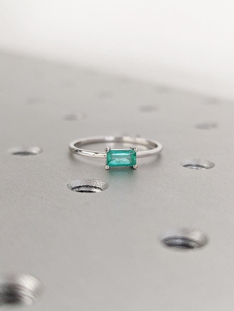 Emerald Ring, Baguette Emerald Ring, 14k Solid White Gold Minimalist Emerald Ring, Stacking Emerald Ring, Emerald Jewelry, May Birthstone