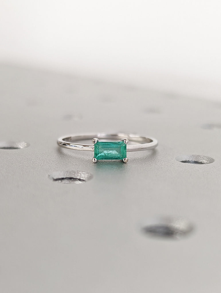 Emerald Ring, Baguette Emerald Ring, 14k Solid White Gold Minimalist Emerald Ring, Stacking Emerald Ring, Emerald Jewelry, May Birthstone