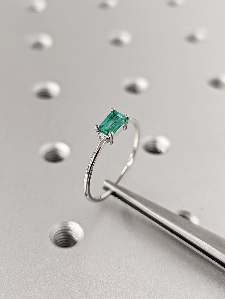 Emerald Ring, Baguette Emerald Ring, 14k Solid White Gold Minimalist Emerald Ring, Stacking Emerald Ring, Emerald Jewelry, May Birthstone