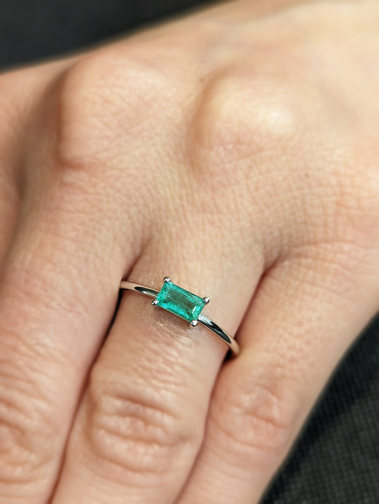 Emerald Ring, Baguette Emerald Ring, 14k Solid White Gold Minimalist Emerald Ring, Stacking Emerald Ring, Emerald Jewelry, May Birthstone