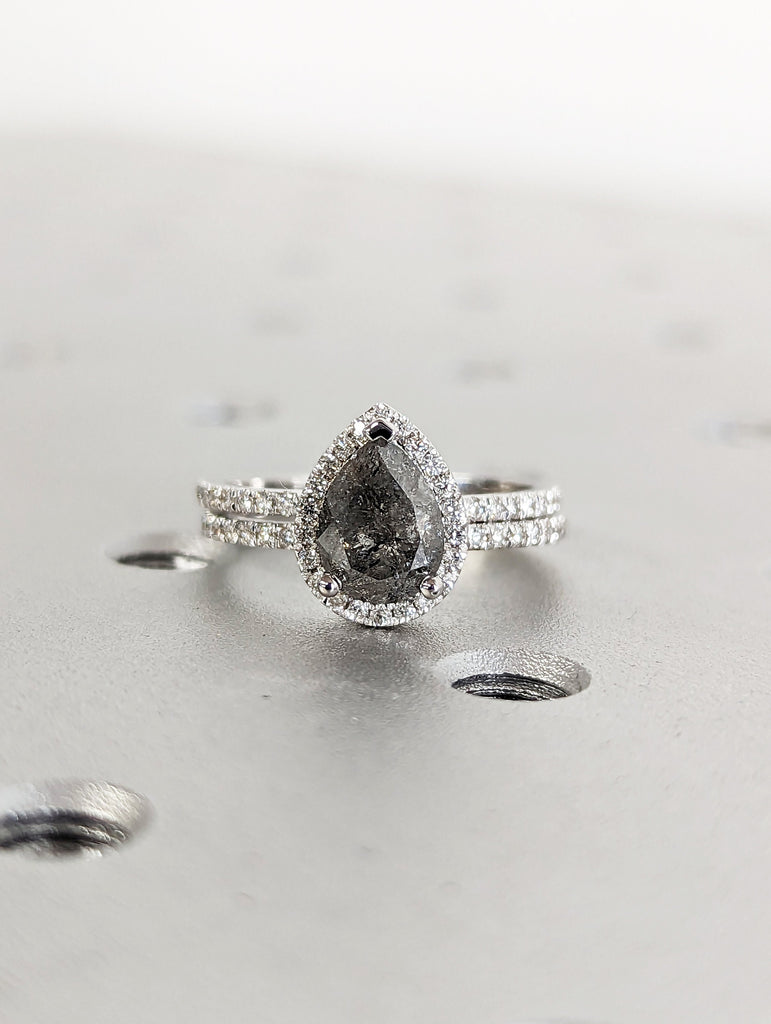 1920's Raw Salt and Pepper Diamond Halo, Pear Diamond Halo Ring, Unique Engagement Bridal Set, Black, Gray Pear, 18k White Gold, Eternity