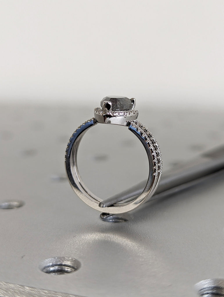 1920's Raw Salt and Pepper Diamond Halo, Pear Diamond Halo Ring, Unique Engagement Bridal Set, Black, Gray Pear, 18k White Gold, Eternity