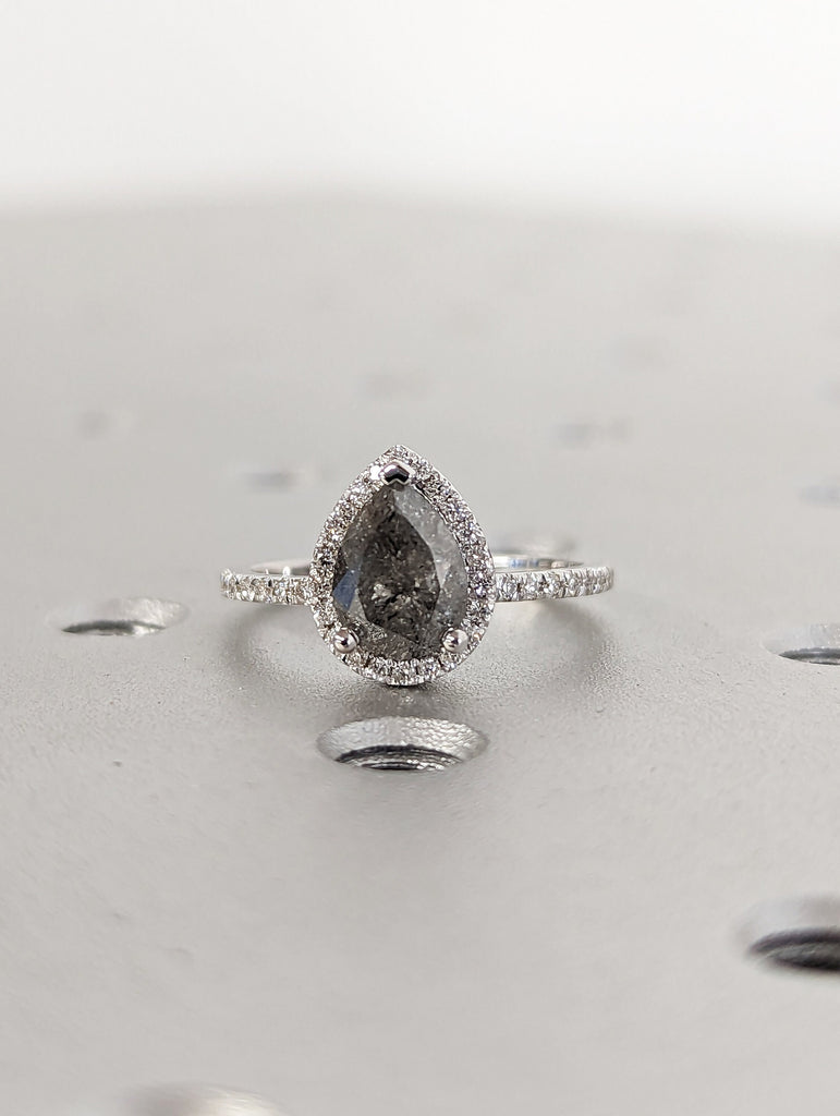 1920's Raw Salt and Pepper Diamond Halo, Pear Diamond Halo Ring, Unique Engagement Bridal Set, Black, Gray Pear, 18k White Gold, Eternity