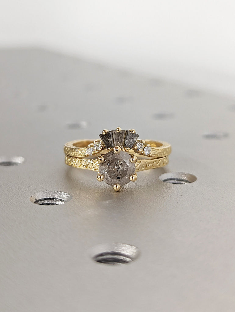 Raw Salt and Pepper Diamond Rose /White /Yellow / Black Gold Engagement Ring Art Deco 1920's Inspired Thin Petite Band Unique Ring for Her