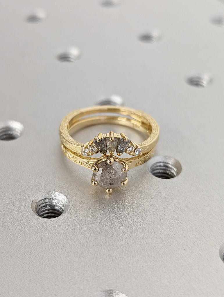 Raw Salt and Pepper Diamond Rose /White /Yellow / Black Gold Engagement Ring Art Deco 1920's Inspired Thin Petite Band Unique Ring for Her