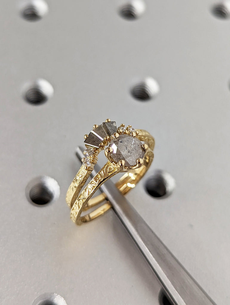 Raw Salt and Pepper Diamond Rose /White /Yellow / Black Gold Engagement Ring Art Deco 1920's Inspired Thin Petite Band Unique Ring for Her
