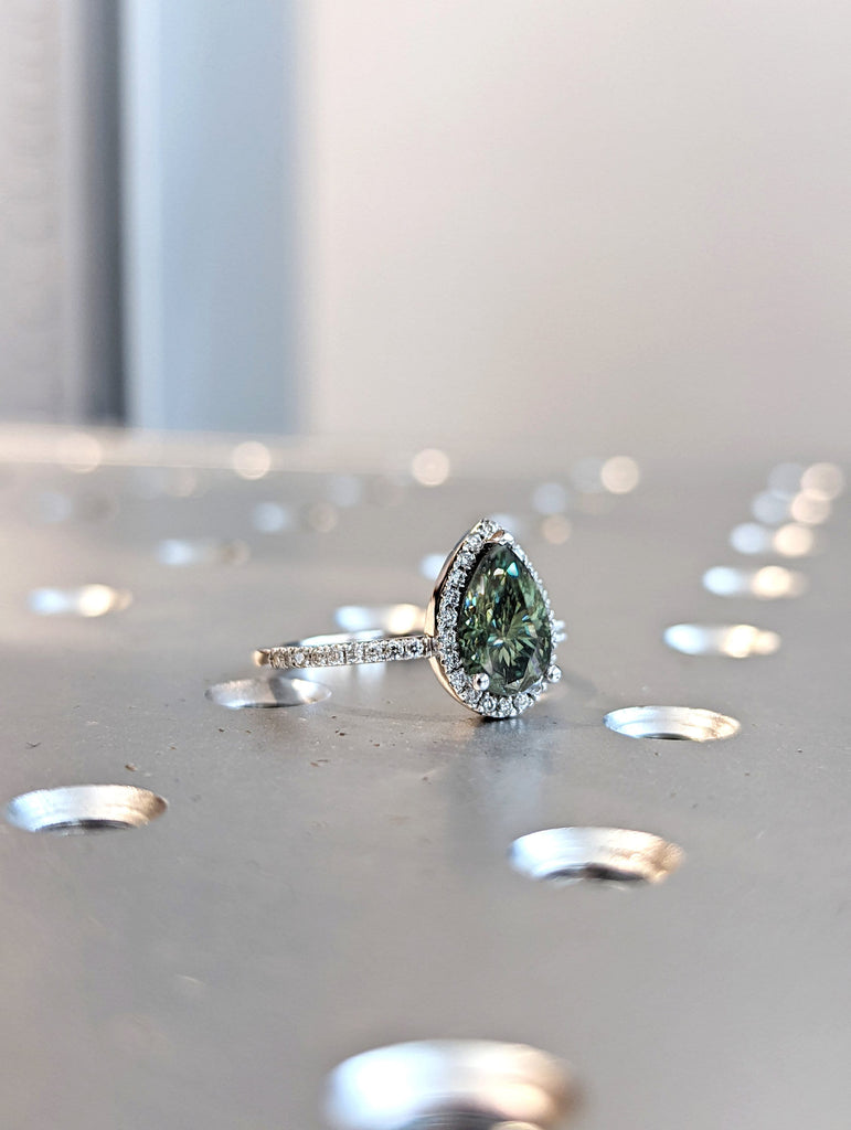 Pear Green Blue Moissanite Engagement Ring, Heavenly Halo Wedding Ring, Cyan Blue Moissanite Ring, Ring for Women, Anniversary Gift Ring