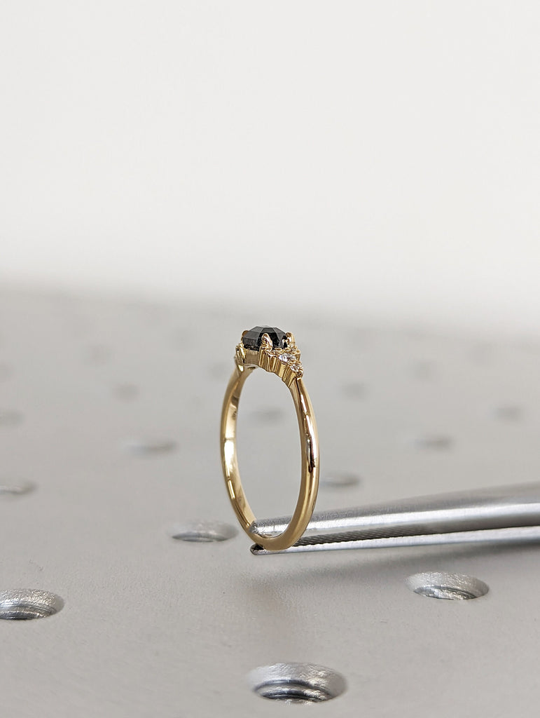 Hexagon Salt and Pepper Diamond Wedding Ring, Unique Diamond Wedding Band, Wedding Engagement Ring, Minimalist Diamond Ring