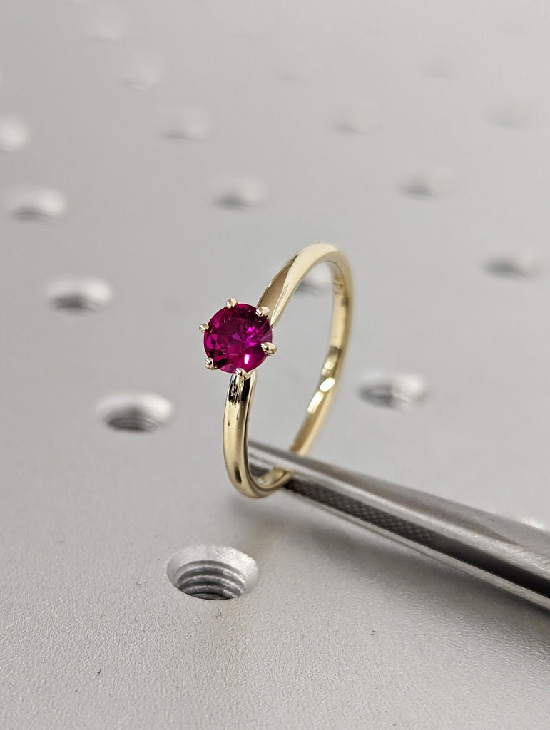 Round Ruby Ring 14K Solid Yellow Gold Gemstone Engagement Ring For Women Dainty Promise Ring July Birthstone Anniversary Gift For Her Unique