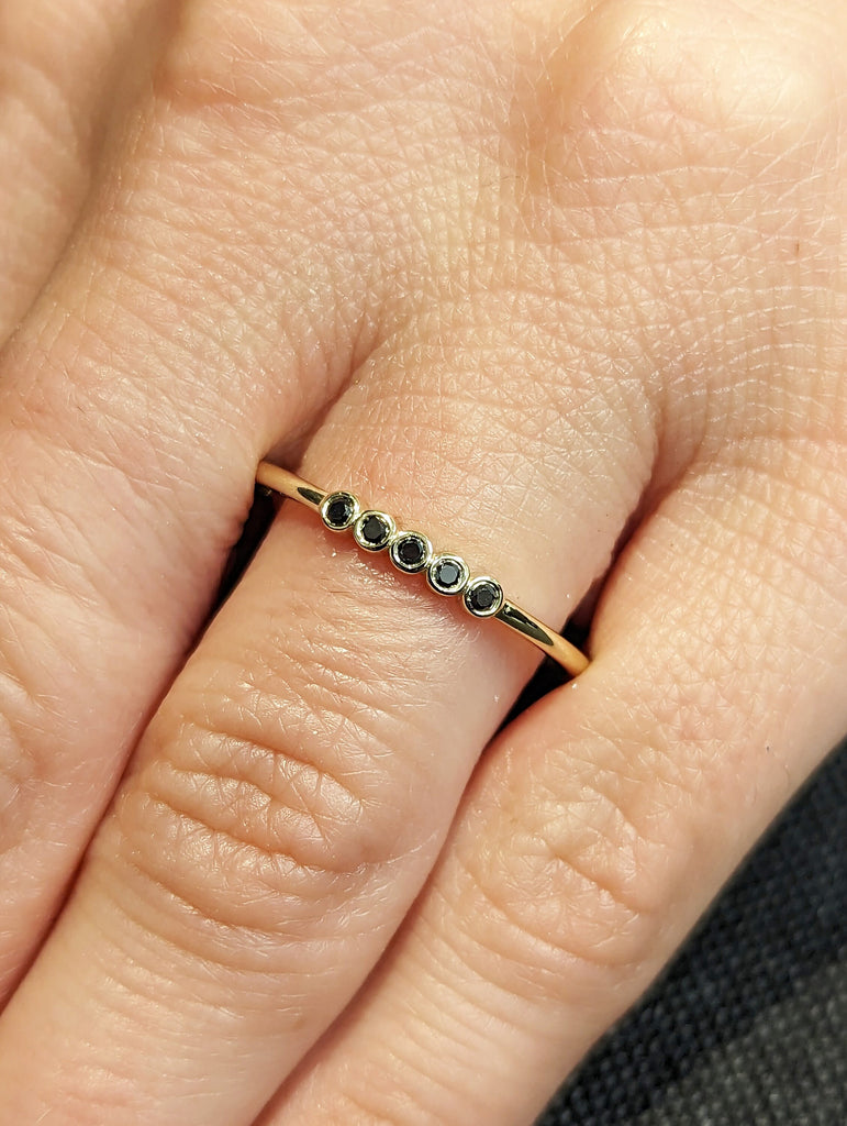 Black Diamond 5 Stone Ring, Solid 14k Yellow Gold Ring, Promise Anniversary Ring, Bridal Ring, Diamond Engagement Ring, Daily Ring For Her