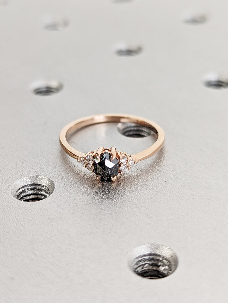 Vintage salt and pepper diamond engagement ring rose gold engagement ring diamond cluster ring wedding Bridal Anniversary Hexagon Cut