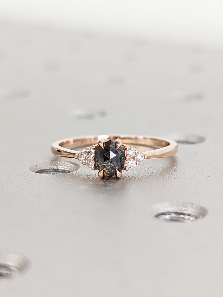 Vintage salt and pepper diamond engagement ring rose gold engagement ring diamond cluster ring wedding Bridal Anniversary Hexagon Cut