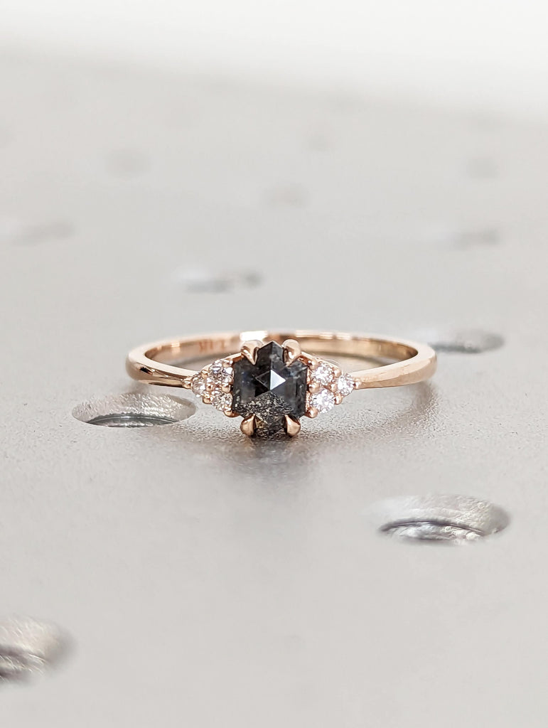 Vintage salt and pepper diamond engagement ring rose gold engagement ring diamond cluster ring wedding Bridal Anniversary Hexagon Cut