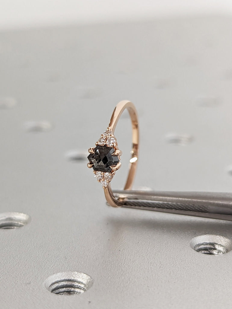 Vintage salt and pepper diamond engagement ring rose gold engagement ring diamond cluster ring wedding Bridal Anniversary Hexagon Cut